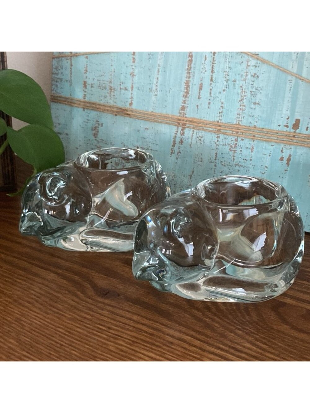 Vintage Indiana Glass Sleeping Cat Votive Candle Holders - Heavy Glass Set of 2